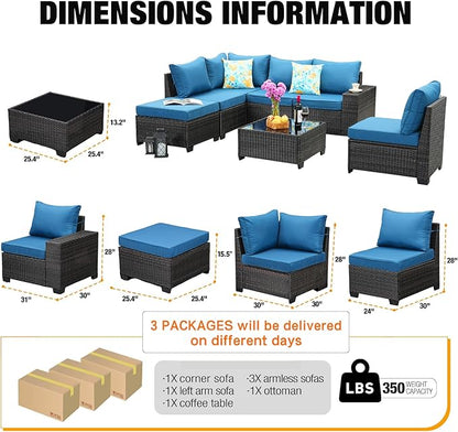 JOYURE 7 Pieces Patio Furniture Set All-Weather Outdoor Wicker Sectional Conversation Sofa Rattan Patio Seating Sofa with Cushion and Glass Table for Porch Poolside,Peacock Blue