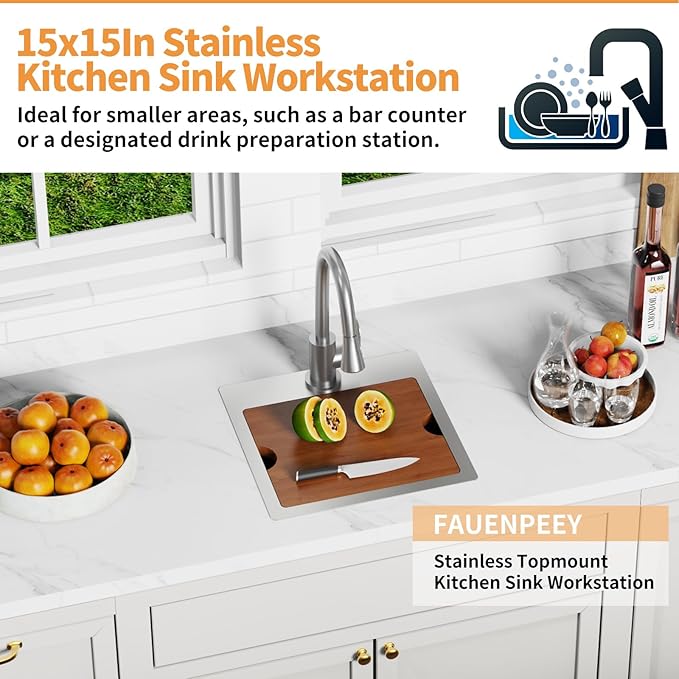 15x15In Kitchen And Bar Workstation Sink- Small Stainless Steel Drop In Single Bowl Bar Sink Built-in Ledge Topmount Workstation Sink With Accessory-SS Grid Cutting Board,Silicon Mat,Drain Assembly