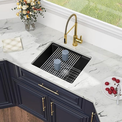 Kichae Black Undermount Bar Sink - 21 x 18 Black Composite Granite Undermount Wet Bar Prep Kitchen Sink
