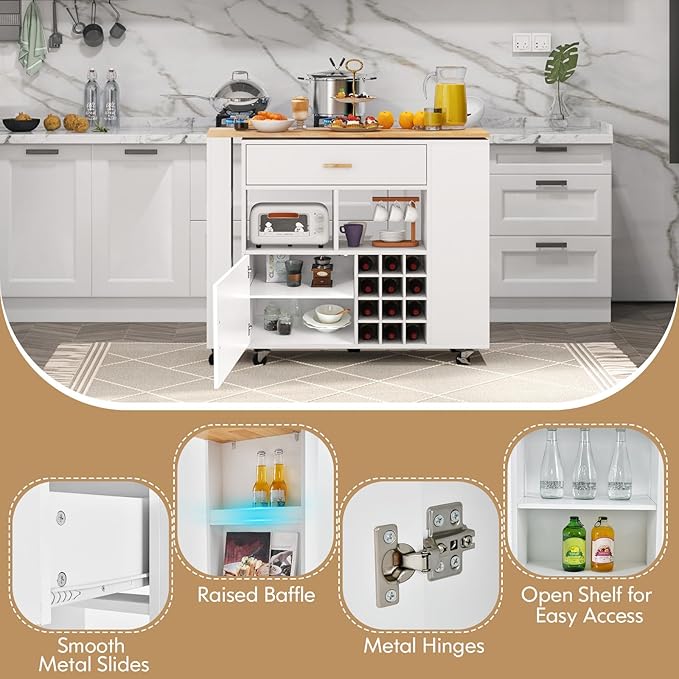 Giantex Mobile Kitchen Island Cart, 4-in-1 Reversible Serving Cart Bar Table Combo, Storage Cart on Wheels w/Rubber Wood Top, Adjustable Shelf, 12-Bottle Wine Rack, Spice Rack for Dining Room, White