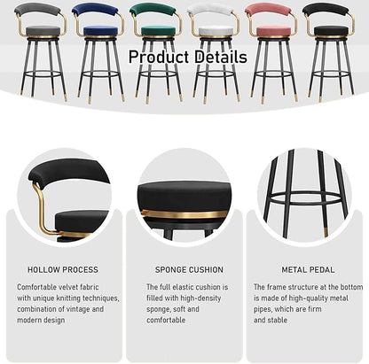 Swivel stools 1PC, Velvet Upholstered Stools with Hollow Back, Metal Chair Legs & Footrest for Kitchen Island Dining Room Pub Home, Seat Height 65cm, Black (Black Seat Height 75cm