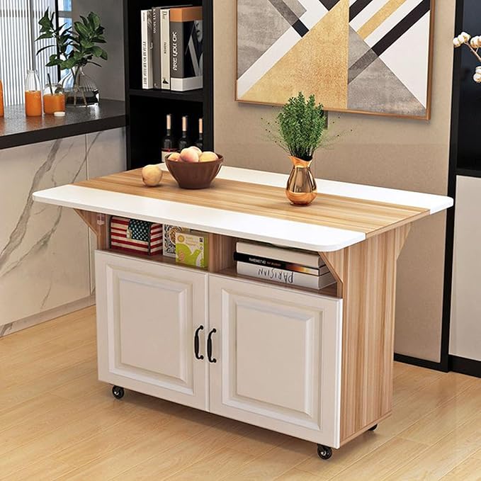 Folding Dining Table, Multi-Purpose Dining Table, 2 Level lockers, Removable Kitchen Table with Pulley, Suitable for Small Space Restaurant Kitchens (Light White)
