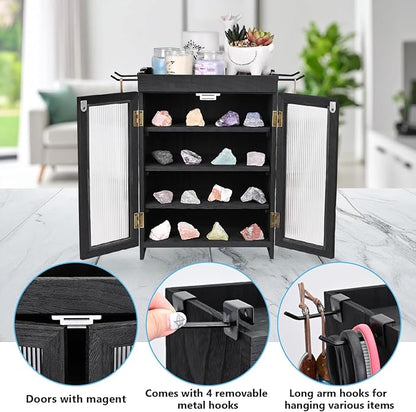 Ikee Design Wooden Countertop Storage Cabinet with Wavy Magnetic Door, Adjustable Shelves, Removable Hooks. Perfect for Perfume, Figurines, and Coffee Cups, Black Color, 10.4 W x 6.1 D x 14.4 H in