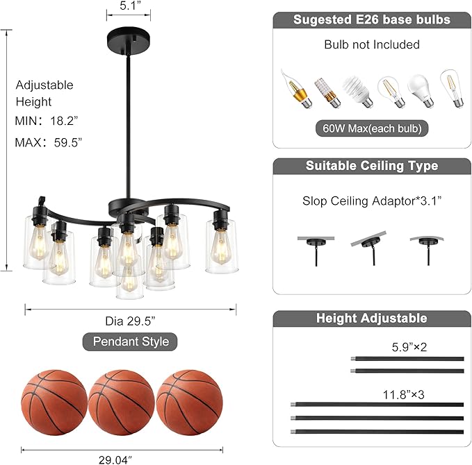 Sigaitwei 9-Light Modern Farmhouse Chandelier，29.5" Black Dining Room Light Fixture，Industrial Pendant Lights Kitchen Island,Metal Bracket with Downward Clear Glass Shade