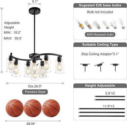 Sigaitwei 9-Light Modern Farmhouse Chandelier，29.5" Black Dining Room Light Fixture，Industrial Pendant Lights Kitchen Island,Metal Bracket with Downward Clear Glass Shade