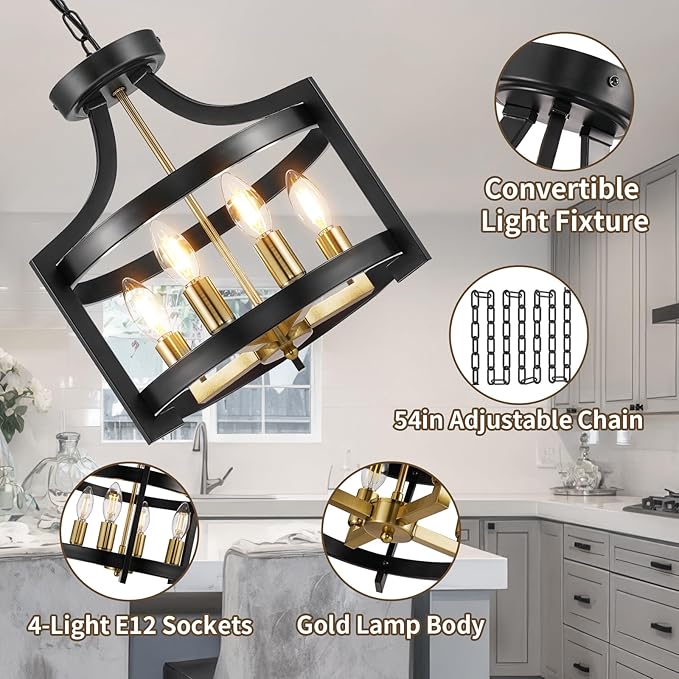 HOXIYA Farmhouse Chandelier, Adjustable Height Pendant Light Fixture, Convertible Semi Flush Mount Ceiling Light, 4 Light Modern Black and Gold Chandeliers for Dining Room Kitchen Foyer Entryway