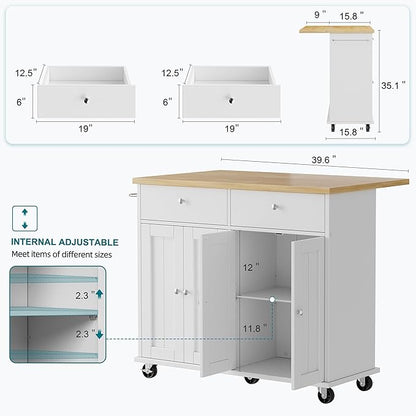 Shintenchi Kitchen Island with Drop Leaf, Rolling Kitchen Cart with Storage on Wheels, Table Bar Cart for Kitchen with Towel Rack & Seating Area for Dining Room, White