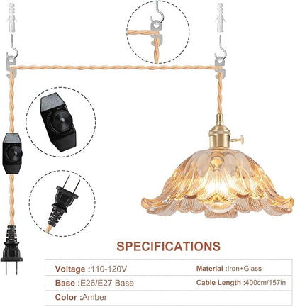 Plug in Pendant Light Fixtures,Hanging Light Fixture Flower Amber Glass Pendant Light 11 inch E26 Pendant Lighting for Kitchen Island, Bedroom, Dining Room, Living Room