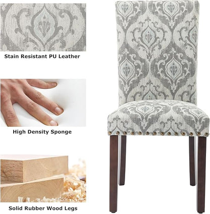 COLAMY Upholstered Parsons Dining Chairs Set of 2, Fabric Dining Room Kitchen Side Chair with Nailhead Trim and Wood Legs - Grey/White Flower