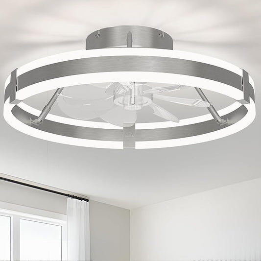 Flush Mount Ceiling Fan with Lights ,19.7'' 3000-6000K 6Speed Dimmable Modern Enclosed Led Ceiling Fan , Reversible DC Motor Bladless Low Profile Ceiling Fans for Bedroom, Kitchen,Home, Office