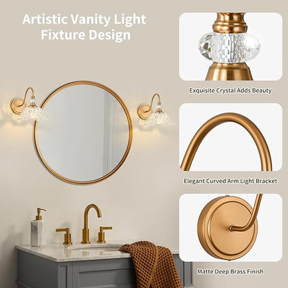 1 Piece Vintage Wall Sconce with Floral Clear Glass Shade, Matte Deep Brass Finish Wall Mount Lighting for Bathroom,Vintage Bathroom Vanity Light Fixture