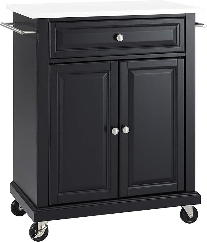 Crosley Furniture Compact Stone Top Small Rolling Cart with Shelves, Microwave Stand with Towel Rack, Black