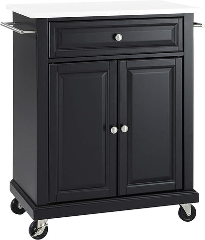 Crosley Furniture Compact Stone Top Small Rolling Cart with Shelves, Microwave Stand with Towel Rack, Black