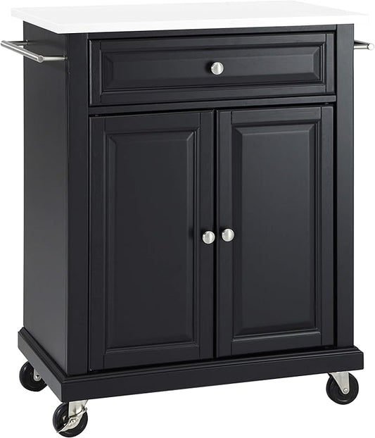 Crosley Furniture Compact Stone Top Small Rolling Cart with Shelves, Microwave Stand with Towel Rack, Black