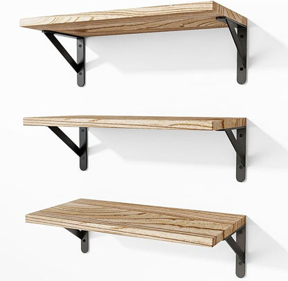 Fixwal Floating Shelves for Wall, Wood Wall Mounted Shelves for Bedroom, Bathroom, Living Room, Kitchen Storage and Decor(Rustic Brown, Set of 3, 16.5 Inch)