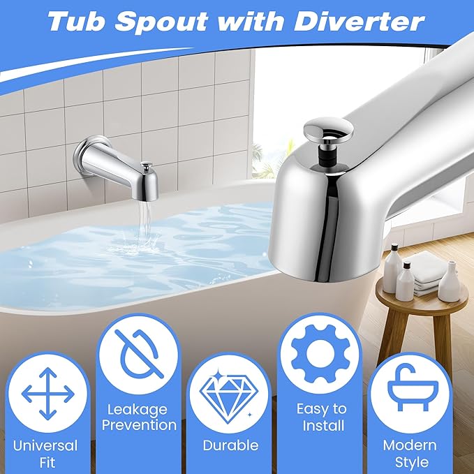 Dreyoo 7 Inch Tub Spout (Universal Fits 1/2" Copper Pipe, 1/2" IPS and 3/4" IPS), Bathroom Bathtub Faucet with Adapters and Hex Wrench (Chrome,with Diverter)
