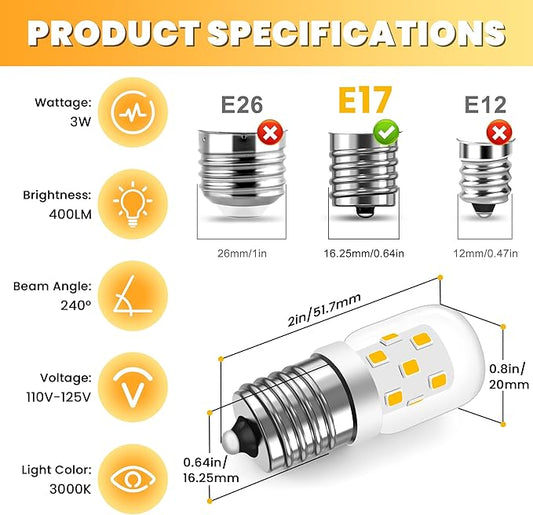 AMI PARTS LED Microwave Light Bulbs Under Hood, Warm 3000K,E17 LED Bulb for Range Hood, 8206232A Over Stove Appliance 2 Packs