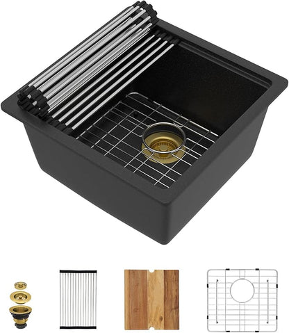 18 Undermount Bar Sink Workstation - 18"x18" Matte Black Granite Composite Quartz Classic Single Bowl Under Counter Small Prep Rv Kitchen Sink #TLGU-130