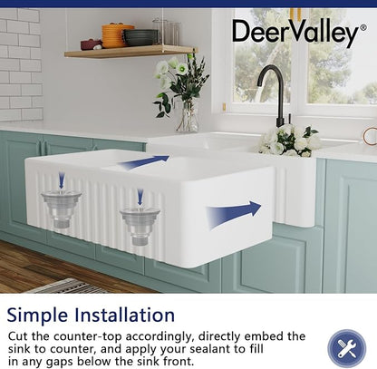 DeerValley Double Bowl Farmhouse Sink 33 inch, Ceramic Apron Front White Farm Sink, Deep Drop-in Fireclay Undermount Reversible Sinks with Grid & Strainer