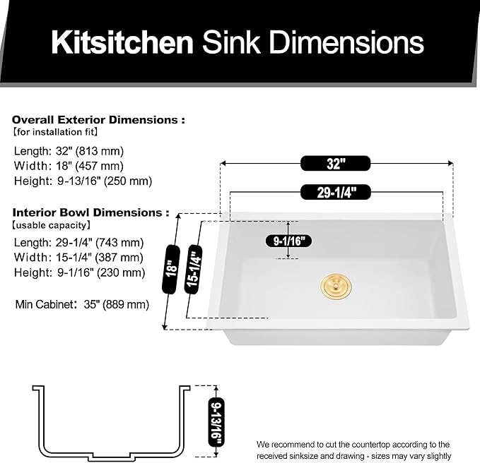 Kitsitchen 32 Inch Large Undermount Kitchen Sink, White Granite Composite Kitchen Sink with A Gold Sink Drain Assembly & Sink Bottom Gird, 32" x 18" Quartz Stone Kitchen Sink, Fast Drainage