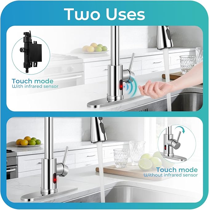 Touchless Kitchen Faucet with Pull Down Sprayer - Polished Chrome Single Handle Kitchen Faucets, High Arc Stainless Steel Pull Out Kitchen Sink Faucet with Deck for RV Laundry Farmhouse Bar
