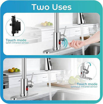 Touchless Kitchen Faucet with Pull Down Sprayer - Polished Chrome Single Handle Kitchen Faucets, High Arc Stainless Steel Pull Out Kitchen Sink Faucet with Deck for RV Laundry Farmhouse Bar