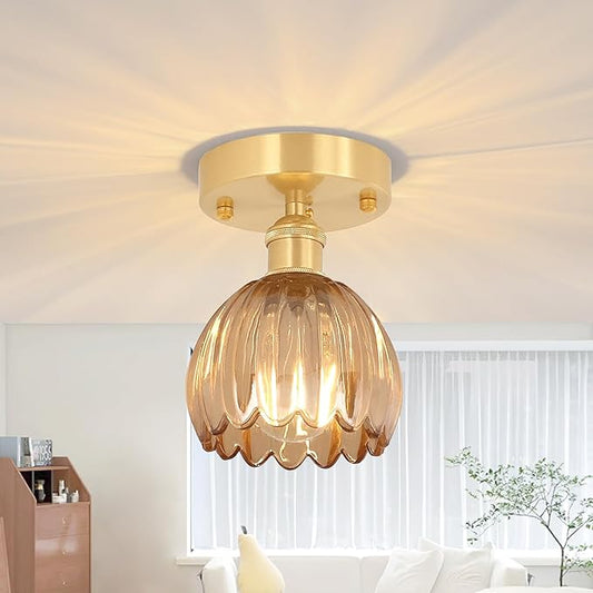 Shenmoyl Semi Flush Mount Ceiling Light, Gold Vintage Hallway Lights Fixture -- Amber Tulip Glass, Bulb Included - Modern 4.72" Base Ceiling Light for Porch, Corridor, Kitchen and Bedroom