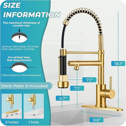 Kitchen Faucet with Pull Down Sprayer - Brushed Gold Single Handle Commercial Kitchen Faucets, 2-Spout Kitchen Sink Faucet, Stainless Steel Spring Pull Out Sink Faucet 1/3 Hole