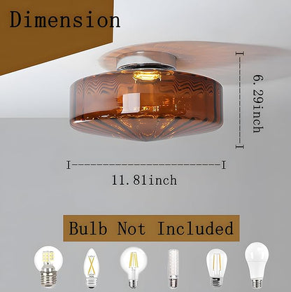 Bofea-Semi Flush Mount Ceiling Light with Water Ripple Glass Shade,Mid Century Modern Amber Glass Overhead Lights,Hallway Lighting,Vintage Close to Ceiling Light Fixtures for Kitchen Entryway.