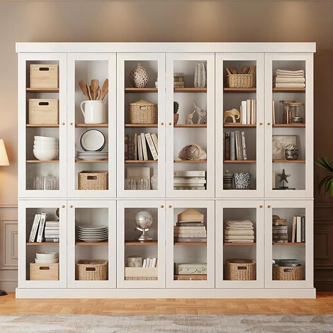 70.8" Farmhouse Kitchen Pantry Cabinet with Glass Doors, Modular Storage Cabinet with 6-Tier Adjustable Shelves, Large Storage Cabinet for Kitchen or Living Room, Set of 3, White