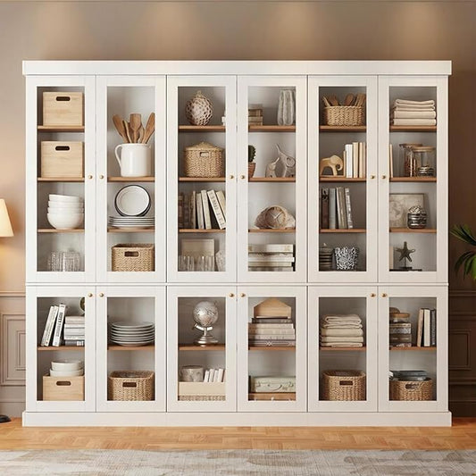70.8" Farmhouse Kitchen Pantry Cabinet with Glass Doors, Modular Storage Cabinet with 6-Tier Adjustable Shelves, Large Storage Cabinet for Kitchen or Living Room, Set of 3, White