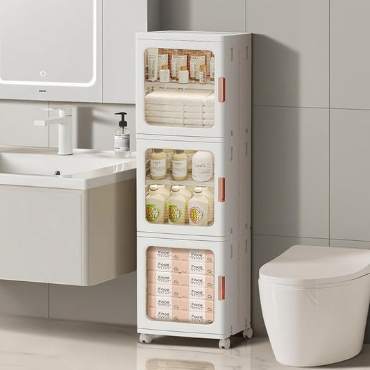 3-Tier Slim Bathroom Storage Cabinet with Doors and Movable Wheels Plastic Organizers and Storage Cabinets Small Spaces for Bathroom Pantry Kitchen Laundry Room Quick Assembly White