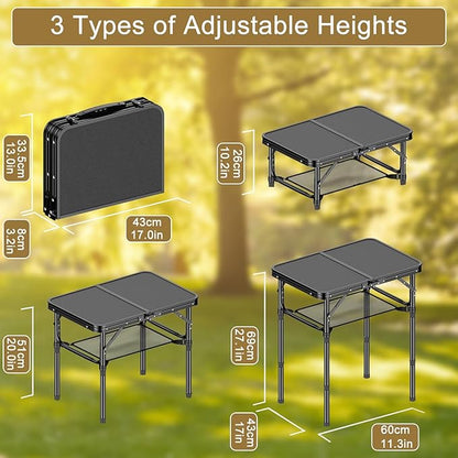Folding Camping Table, 2 FT Folding Portable Camping Table, Outdoor&Indoor Picnic Table with 3 Adjustable Height Max 27.1",Lightweight Aluminum Camping Tables, Car Camping Essentials-Pure Black