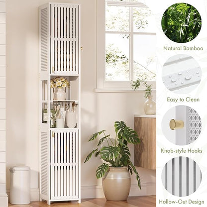 Amazer 70'' Tall Bathroom Storage Cabinet Bamboo, Slim Storage Cabinet with Rattan Door and Adjustable Shelves, Narrow Freestanding Organizer for Living Room Kitchen, White