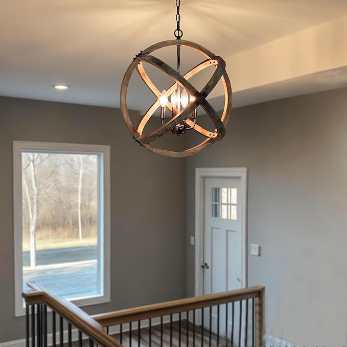 KSANA Wood Orb Chandelier, Rustic Farmhouse 4-Light Globe Hanging Fixture with Black Brushed Silver Accents for Dining Room, Foyer, Bedroom and Kitchen