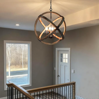 KSANA Wood Orb Chandelier, Rustic Farmhouse 4-Light Globe Hanging Fixture with Black Brushed Silver Accents for Dining Room, Foyer, Bedroom and Kitchen