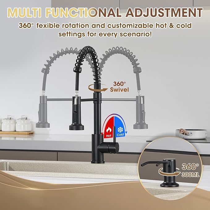 Kitchen Faucets with Sprayer, Matte Black High Arc Single Handle Spring Stainless Steel Kitchen Sink Faucet with Soap Dispenser, Utility Ideal for Farmhouse RV Laundry Commercial & Camper