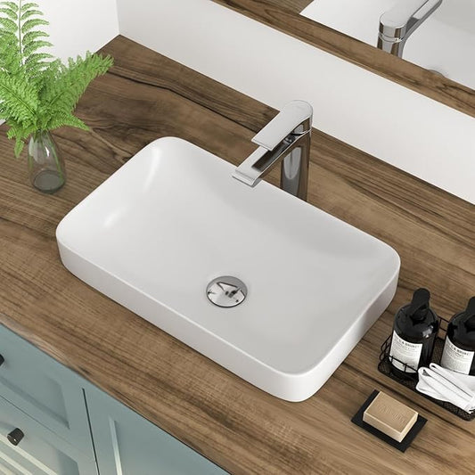 DeerValley 19" x 12" Semi-Recessed Ceramic Vessel Sink for Bathroom Vanity, Rectangular White Countertop Above Counter Basin with No Overflow Hole, Modern Bathroom Sink Bowl