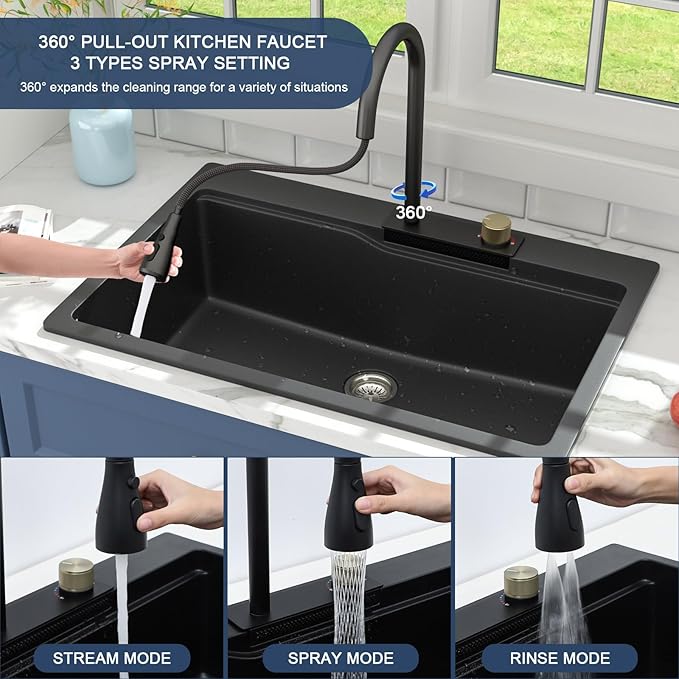 Lordear Black Waterfall Kitchen Sink Granite Composite 33x22 Drop In Kitchen Sinks Black Quartz Composite Single Bowl Multifunctional Workstation Topmount Sink with Pull Out Faucet