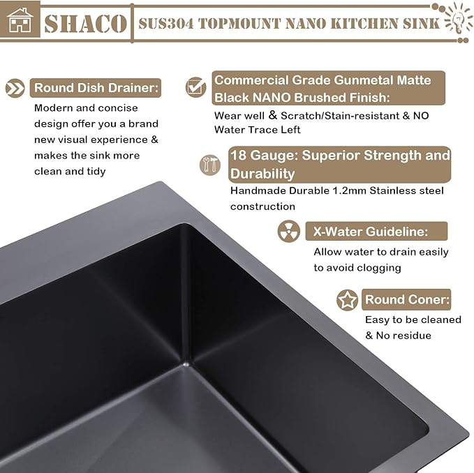 SHACO 28 Inch Drop in Black Kitchen Sink, Gunmetal Black Top Mount Stainless Steel 9 Inch Deep Single Bowl Laundry Utility Wet Prep Sink