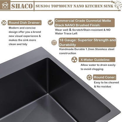SHACO 28 Inch Drop in Black Kitchen Sink, Gunmetal Black Top Mount Stainless Steel 9 Inch Deep Single Bowl Laundry Utility Wet Prep Sink