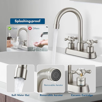 4 Inch Centerset Bathroom Faucets Double Cross Handle Bathroom Sink Faucet Deck Mounted Vintage RV Farmhouse Vanity Basin Mixer Tap with Pop up Drain,Brushed Nickel