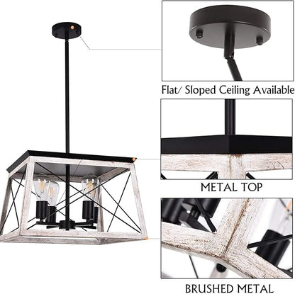 Luupyia Farmhouse Pendant Light Fixture, 4-Lights, Adjustable, Rectangular Rustic Chandeliers Farmhouse Light Fixture Vintage Island Lighting for Dining Room, Entryway and Living Room Beige