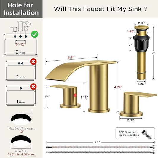 FORIOUS Upgrade Brushed Gold Bathroom Faucets 3 Hole, 8 Inch Widespread Waterfall Bathroom Sink Faucet Two Handle with CUPC Hose and Metal Pop-up Drain for Lavatory, Farmhouse, Rv Remodel