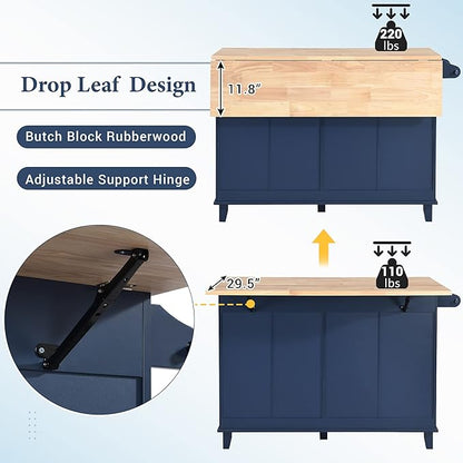 Modern Counter Height Drop Leaf Kitchen Island Set with 2 Seatings, Solid Wood Freestanding Dining Table Set with Storage Cabinet, Drawers and Towel Rack for Dining Room Kitchen (Blue)