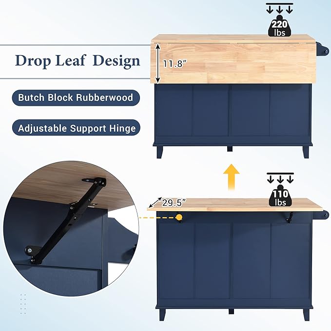 Farmhouse Kitchen Island Set, Rectangular Bar Table with 2 Seatings and Drop Leaf, Dining Table Set with Storage Cabinet, Drawers and Towel Rack for Kitchen, Restaurant, Living Room (Blue)