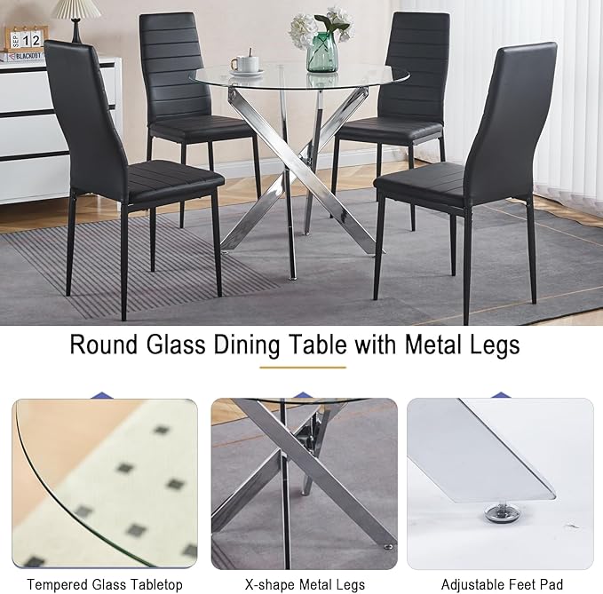 36'' Round Dining Table for 2-4, Round Dining Room Table for Small Space, Silver Glass Kitchen Table for 4, X-Shape Metal Legs