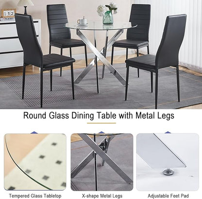 36'' Round Dining Table for 2-4, Round Dining Room Table for Small Space, Silver Glass Kitchen Table for 4, X-Shape Metal Legs