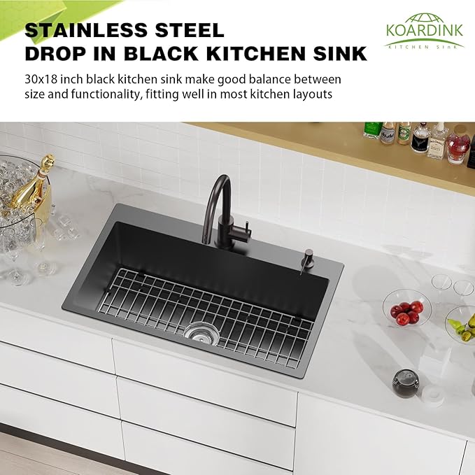 Black Kitchen Sink, 30x18 Inch Stainless Steel Drop In Modern Single Bowl Topmount Kitchen Sink Combo-SS Grid,Silicon Mat,Drain Strainer Set Compatibility With Various Kitchen&Bar Style