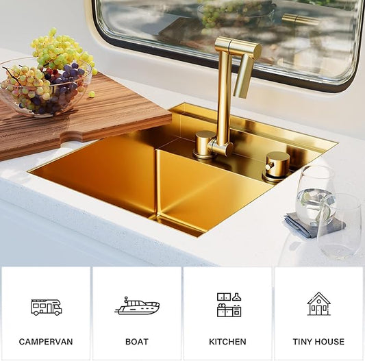 TORVA Gold RV Sink, 15x18x9 Inch Drop-in Bar Sink, 16 Gauge Stainless Steel Single Bowl Kitchen Sink with Nano Coating, Durable & Rustproof RV Sink for Camper Van and Motorhome